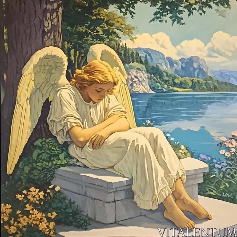 AI ART Angel's Reflection: Lakeside Serenity