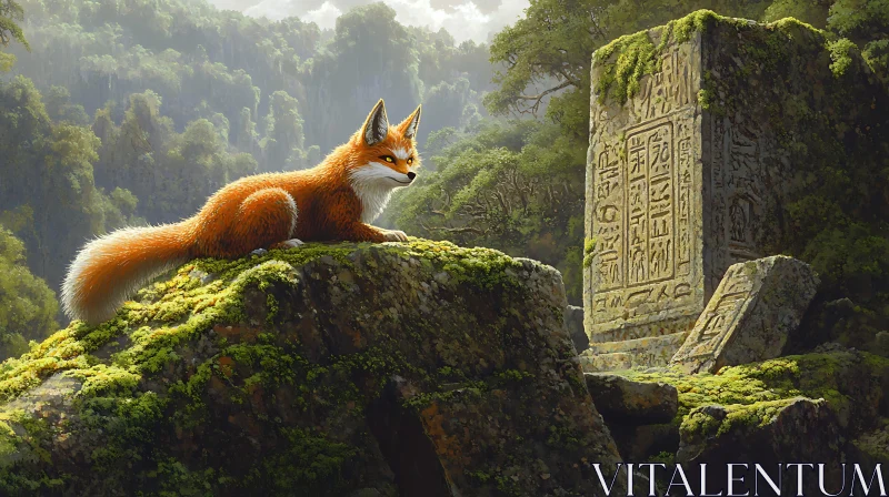 Fox Resting Near Inscribed Stone AI Image