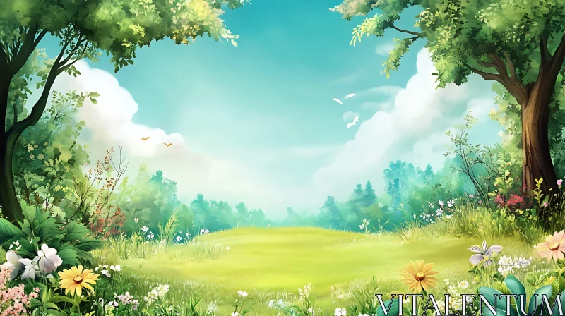 AI ART Scenic Green Field with Flowers