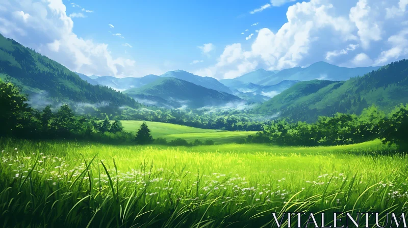 Lush Green Field with Mountain View AI Image