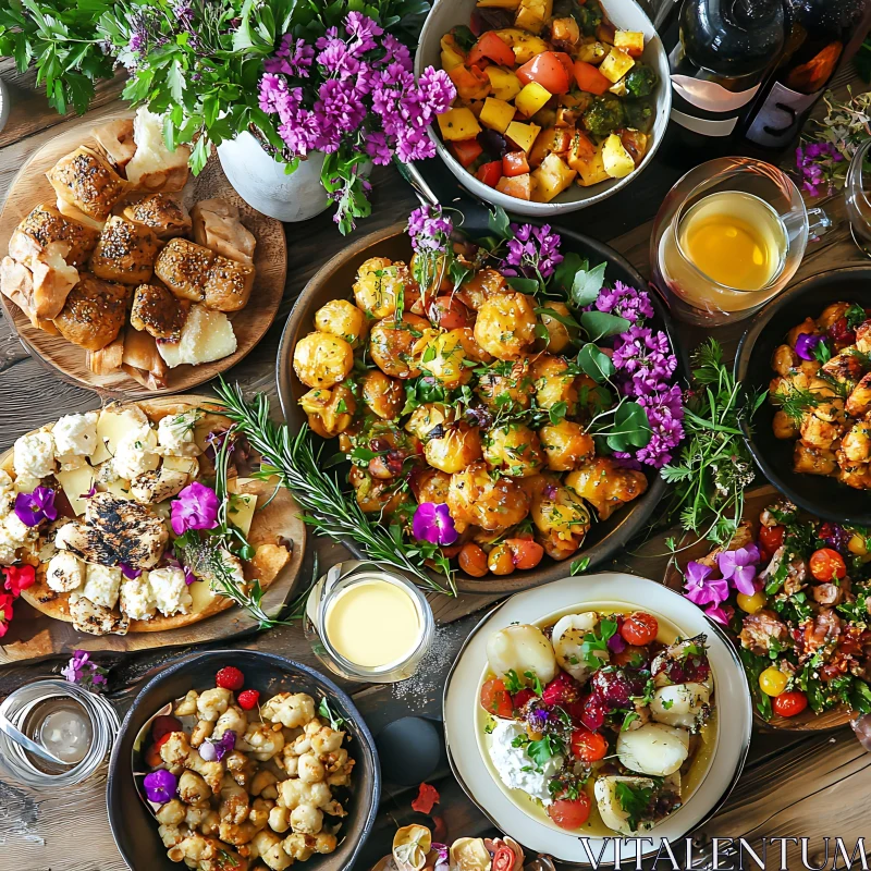 Culinary Still Life with Floral Accents AI Image