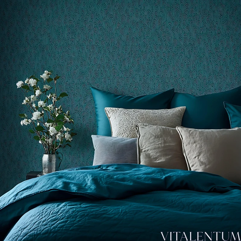 Teal Bedroom with Floral Arrangement AI Image