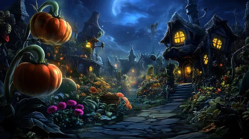 Whimsical Halloween Village with Pumpkins