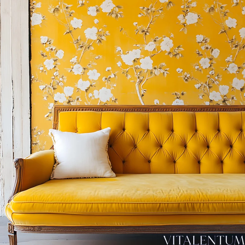 Retro Yellow Couch and Floral Wall AI Image