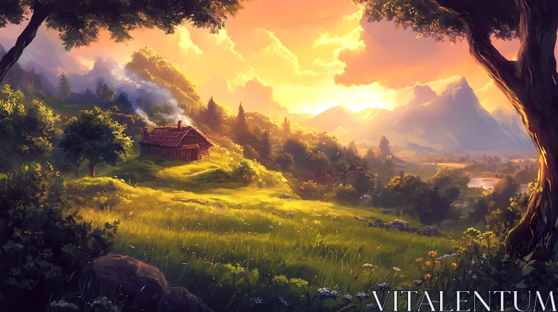 AI ART Cabin in the Hills Sunset Scenery