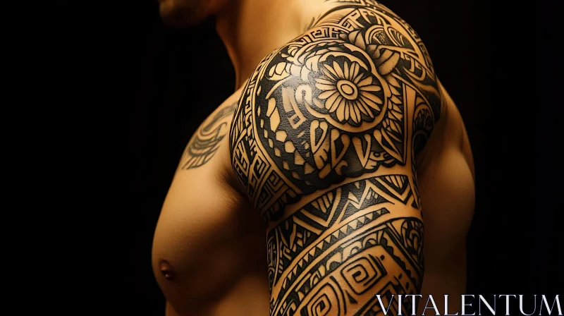 Geometric Tribal Tattoo Art on Man's Shoulder AI Image