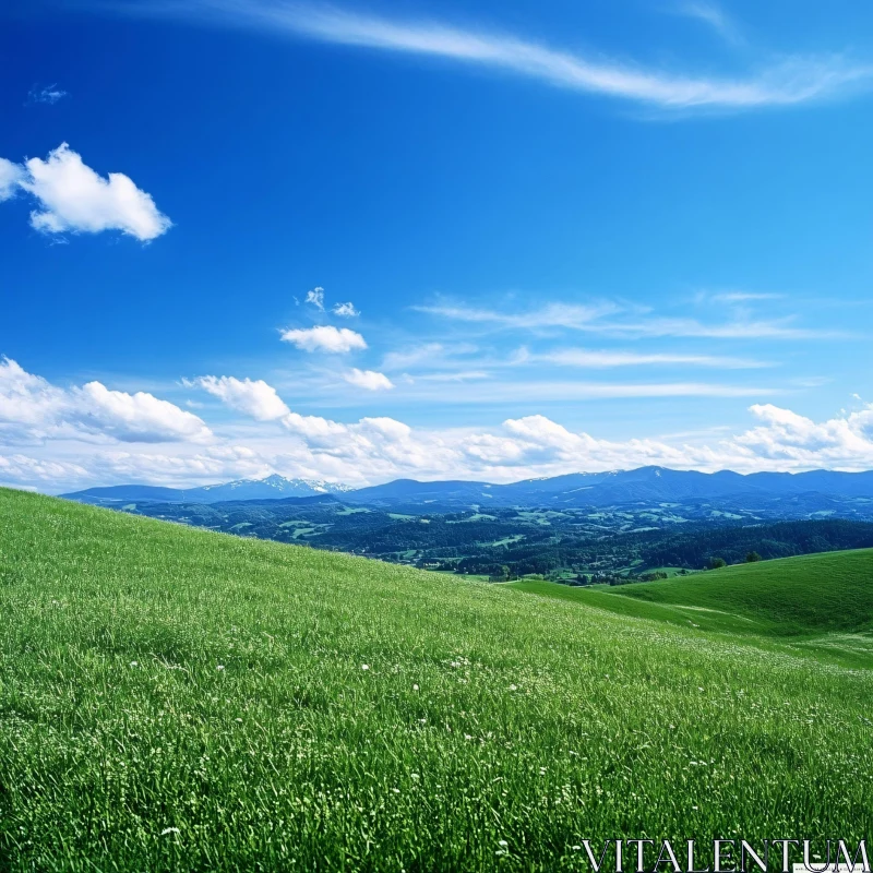 Rolling Green Hills and Blue Sky AI Image