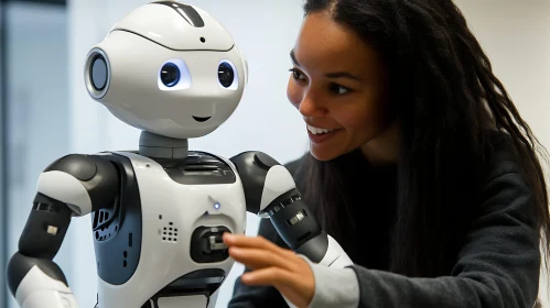 Friendly Encounter: Woman Interacts with Robot