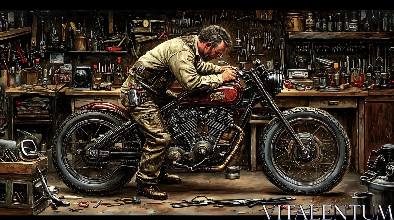 AI ART Mechanic Repairing Classic Bike in Garage