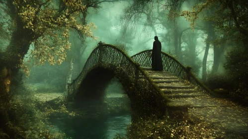 Cloaked Figure on Misty Forest Bridge