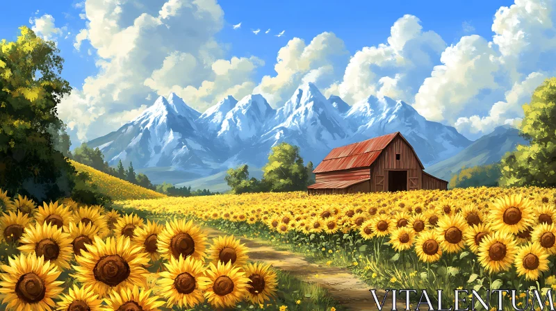 AI ART Scenic Landscape of Sunflowers and Mountains