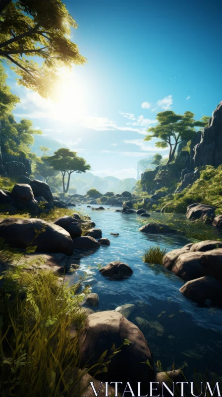Forest Image with Sunlight: Unreal Engine, Romantic Riverscape AI Image