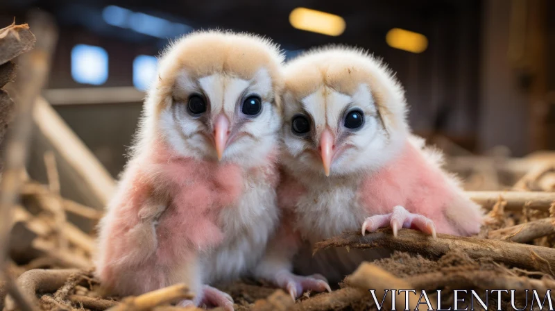 Pink Owls in Rustic Barn Setting - Animal Photography AI Image