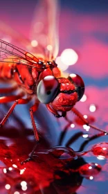 Red Fly on Water Droplets: A Surrealistic Photorealistic Image