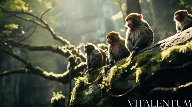 Tranquil Scene of Monkeys Resting in Moss-Covered Forest AI Image