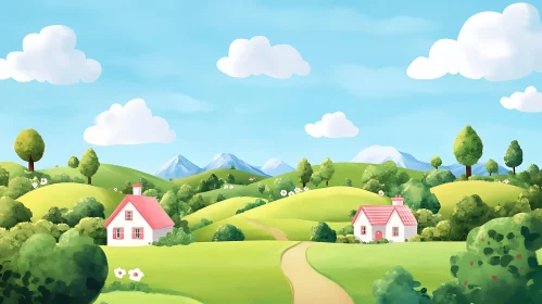 Cartoon Houses in a Green Landscape