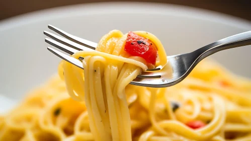 Creamy Spaghetti with Tomato on Fork