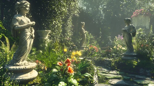 Statues in a Lush Floral Garden