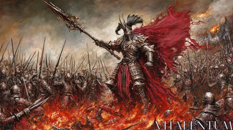 AI ART Armored Warrior in Fiery Battlefield