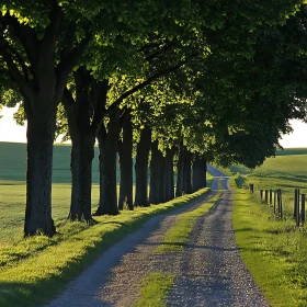 Sunlit Road with Trees and Green Fields