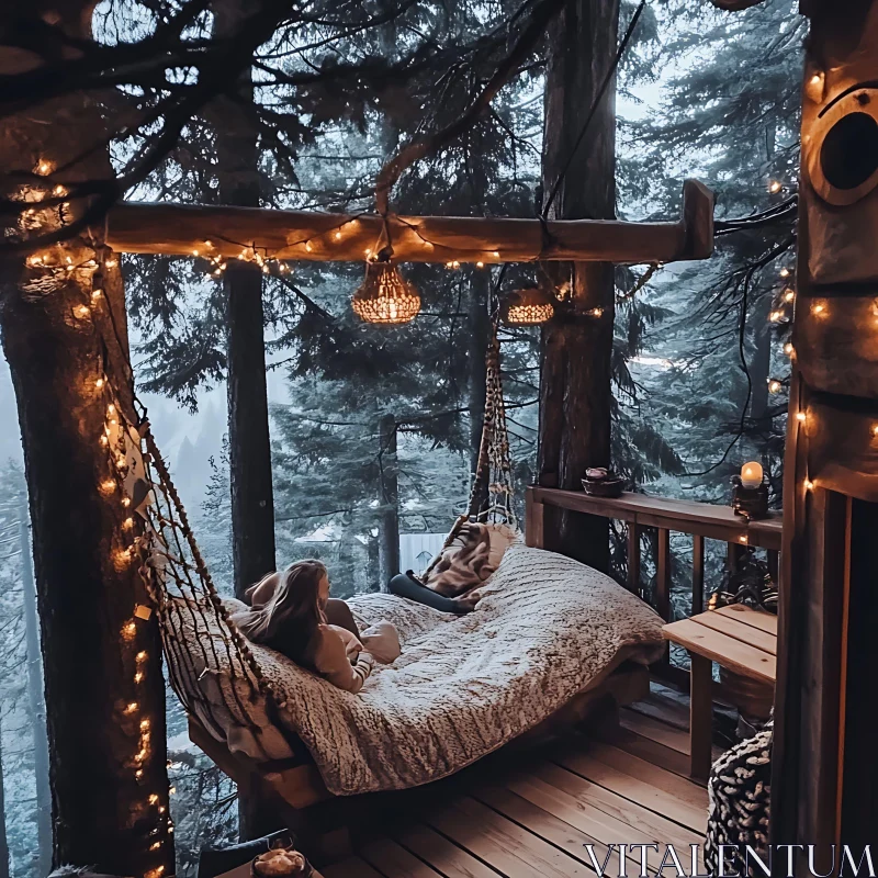 Hammock Relaxation in Forest Treehouse AI Image