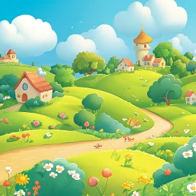 Whimsical Cartoon Meadow Scene