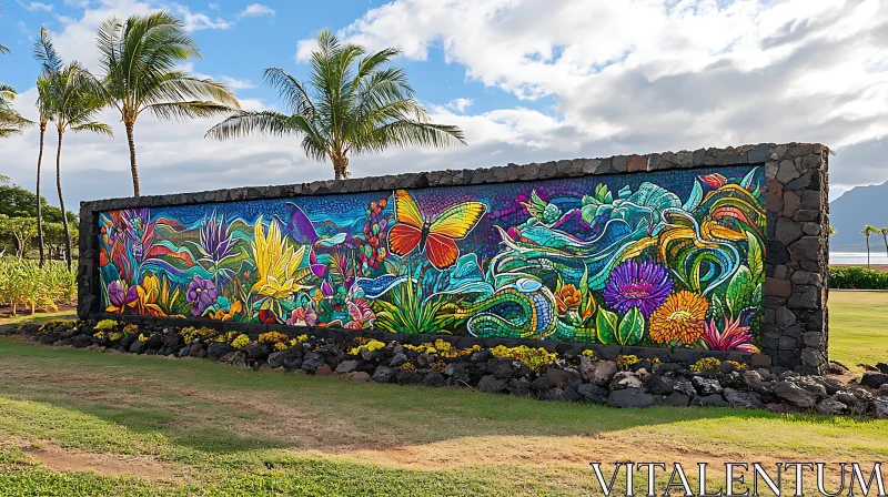 Vivid Nature Mural on Stone Wall AI Image