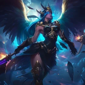 Winged Angel Warrior in Cloudy Sky