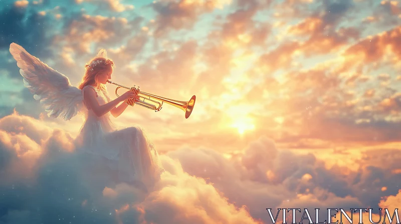 Heavenly Angel Playing Trumpet in Clouds AI Image