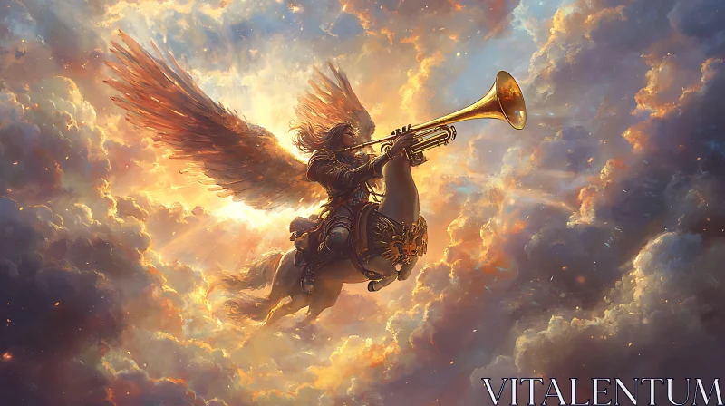 AI ART Winged Rider with Trumpet in Sky