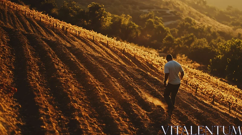 AI ART Man Walking in Vineyard at Sunset