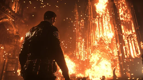 Man in Uniform Observing Burning Cathedral