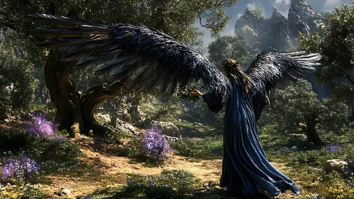 Winged Woman in Woodland Scene