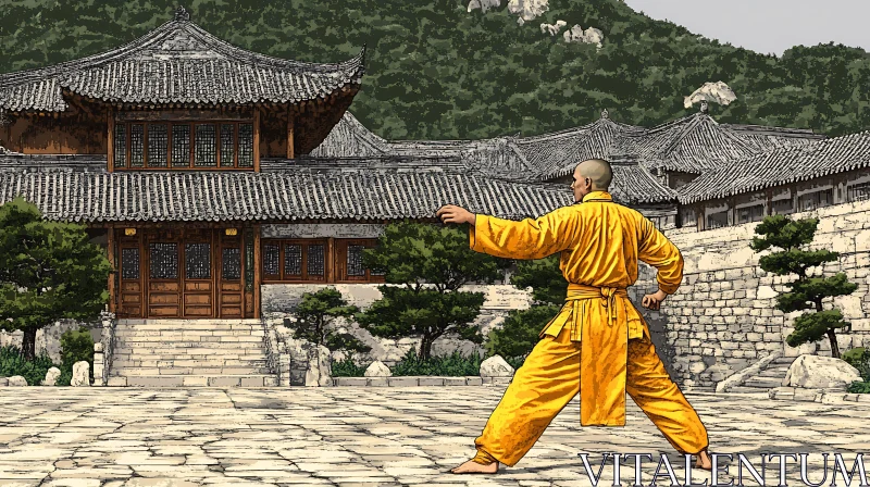 Martial Arts Practice in Temple Garden AI Image