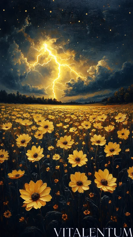 Floral Field with Lightning Strike AI Image