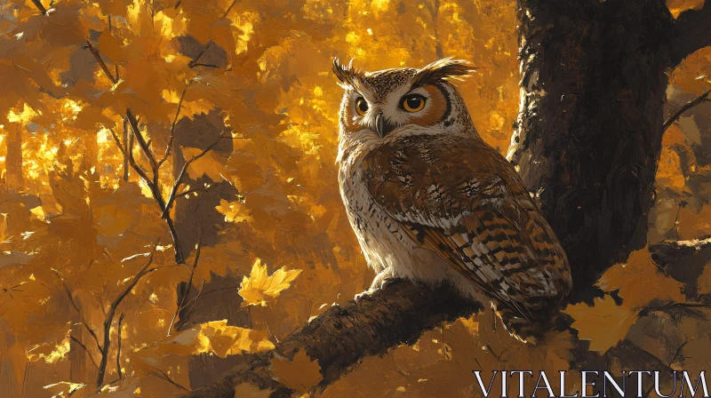 Autumn Owl Perched with Leaves AI Image