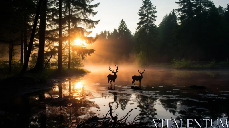 Atmospheric Woodland Imagery: Two Deer at Sunset AI Image