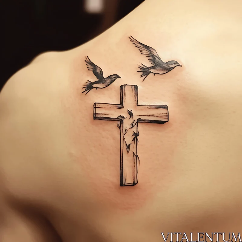 Cross and Birds Tattoo Art on Shoulder Blade AI Image