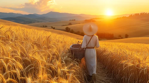 Woman Walking Through Golden Wheat Field at Sunset