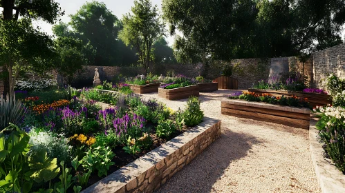 Peaceful Garden with Stone Walls and Flowers