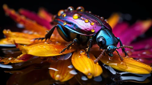 Colorful Beetle on Flower in Liquid Metal Style