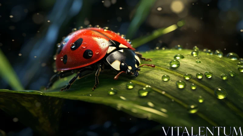 Dreamlike Ladybug on Dew-Kissed Leaf - Nature's Whimsical Beauty AI Image
