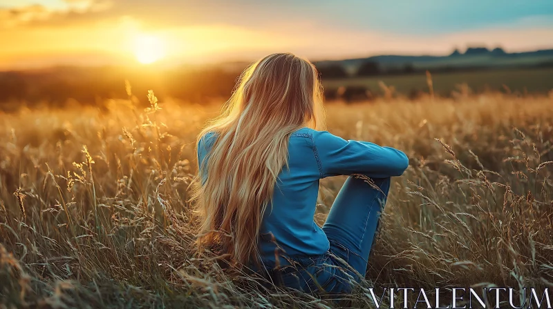 Woman in Field at Sunset AI Image