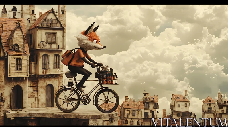 Fox on Bicycle in Cartoon City AI Image