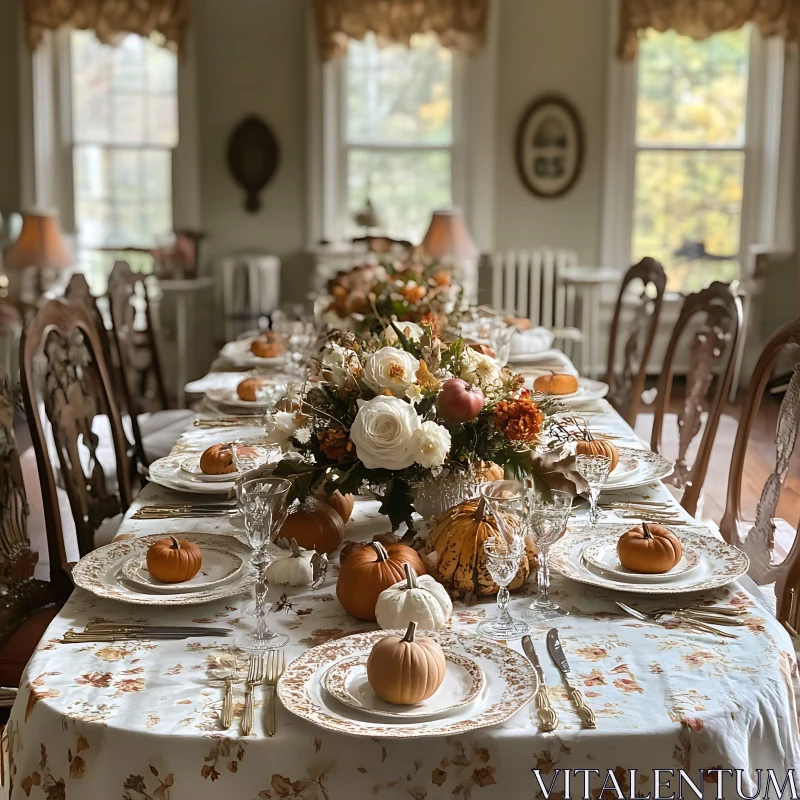 Festive Fall Table Decoration with Floral Centerpiece AI Image