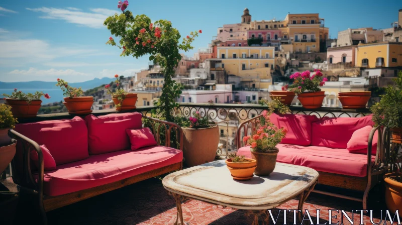 Enchanting Terrace with Pink Couch and Flowers | Italian Landscapes AI Image