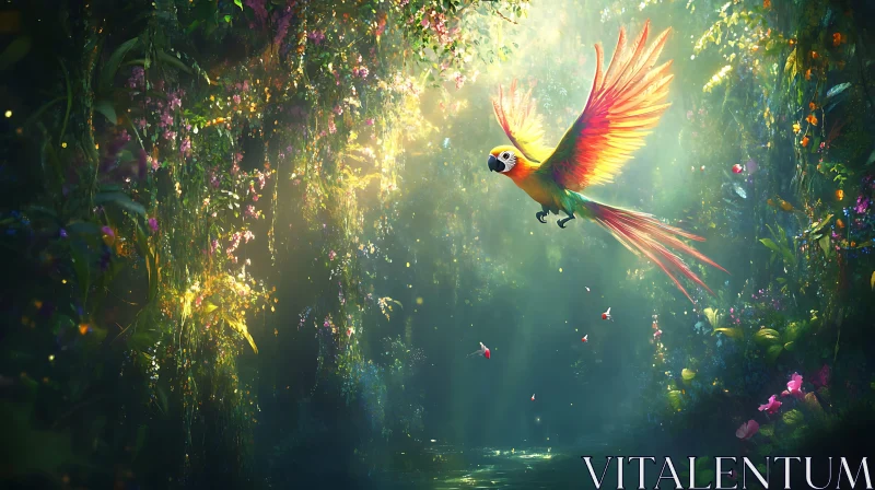 AI ART Colorful Parrot Soaring Through Jungle