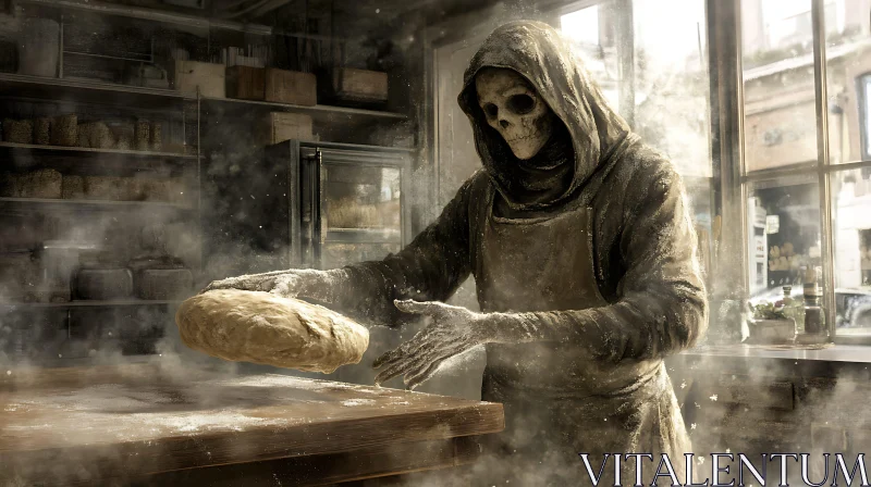 AI ART Skeleton Kneading Dough in Old Bakery