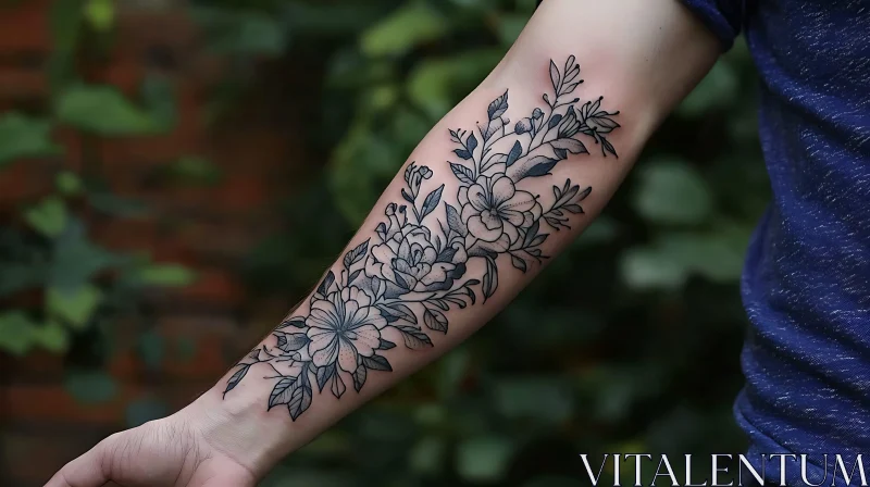 Intricate Black Floral Tattoo on Forearm AI Image