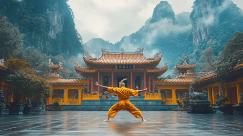 Monk Meditating at Ancient Temple